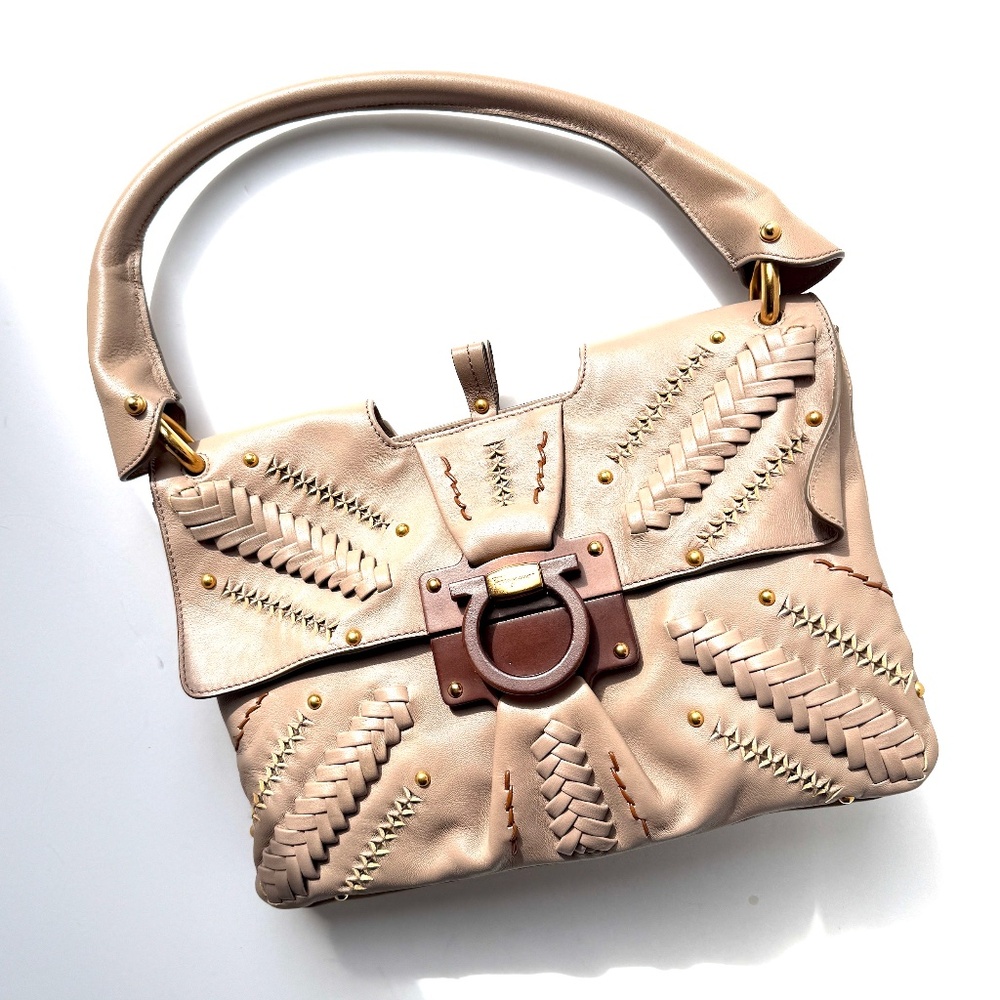 Salvatore Ferragamo Taupe Leather Whipstitch Shoulder Bag